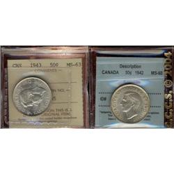 Lot of 2 Fifty cent pieces. Includes 1942 "rotated die" CCCS MS60, 1943 ICCS MS63.