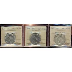 1946-1952 50¢,  Lot of three coins all ICCS varieties, includes 1946 Des in 6 EF40, 1949 Hoof over 9