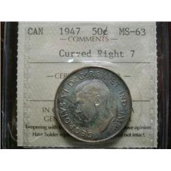 1947 Curved right 7 50¢ ICCS MS63, lovely toning and looks better than the grade assigned.