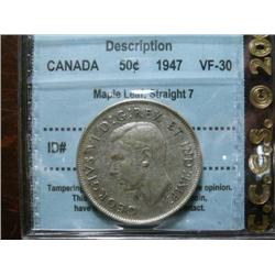 1947 Maple leaf 50¢ CCCS VF30.