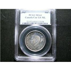 1947 Maple leaf, left  50¢  PCGS MS64PQ.  Superb  toning over full underlying lustre.