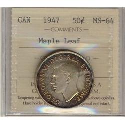 1947 Maple leaf 50¢ ICCS MS64PQ+, attractively toned!  Full underlying luster. A lovely example with
