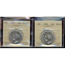 1950 50¢, lot of two ICCS graded coins, No Des in MS62 and the Design in MS63. Both white and lustro
