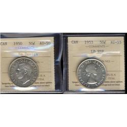 Lot of 2 ICCS graded Fifty cents; 1950 No Design AU50, 1953 LDNSF AU55.