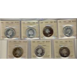 1957 -1964 50¢, Lot of seven coins all ICCS certified, includes 1957 MS62, 1959 MS63HC, 1961 MS64HC,