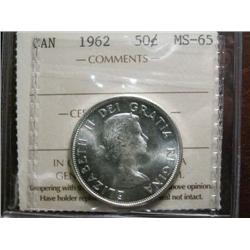 1962  50¢ ICCS MS65 fully white and lustrous.  A nice "Gem".