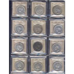 Lot of 12 silver dollars, all ICCS graded AU50 to AU58. Includes 1935,1936,1937,1939,1946,1949,1951,