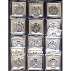 Lot of 16 silver dollars, all ICCS MS60. Includes 1935,1936,1938,1939,1946,1949,1950,1951,1952NWL,19