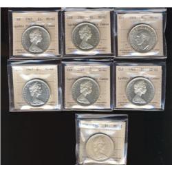 Lot of 7 ICCS graded Silver dollars; 1939, 1965 LB Ptd 5 MS62 HEAVY CAMEO (4), 1967 (2).  All MS62 a