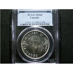 1945 "Single HP" $1  PCGS  MS63. Brilliant and lustrous.  Key date.