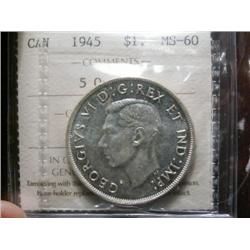 1945 "5 OVER 5" variety $1  ICCS  MS60. Brilliant and lustrous. Believed to be a scarce variety.