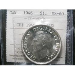 1946 Small Water lines variety $1 ICCS MS60+, white and lustrous.  A tough coin to find in minstate 