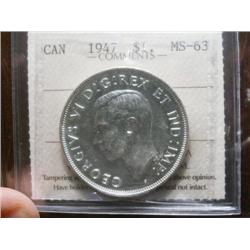 1947 Blunt 7 $1 ICCS MS63.  A bright white example with full lustre.