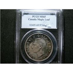 1947 Maple Leaf   PCGS MS65PQ.  Light russet, blue and golden tones.  Very rare in this condition.  