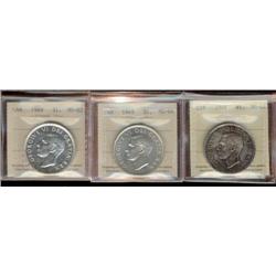1949 $1, Lot of three coins all ICCS certified,  1 x MS62 & 2 x MS64.  All nice examples