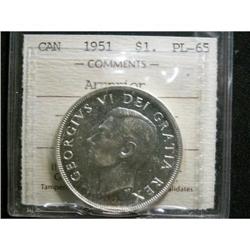 1951 Arnprior  $1 ICCS PL65. TIED FOR FINEST GRADED! Excessively rare variety in Proof-like conditio