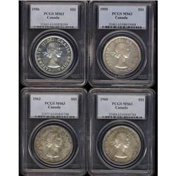 Lot of 4 silver dollars, all PCGS MS63. Includes 1955, 1956, 1960, 1963. Some are nicely toned.