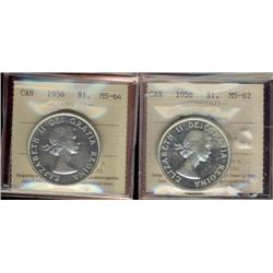 1956 $1, Lot of two coins both ICCS certified.  Includes an MS62HC & MS64 example.  Both coins full 