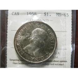 1958 $1 ICCS MS65, a very popular Elizabeth example in MS65,  Great eye appeal and tone.