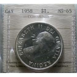 1958 $1 ICCS MS65, rare and highly sought after Elizabeth silver dollar in MS65,