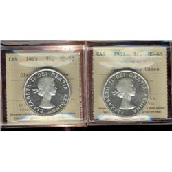 1963 $1, Lot of two coins both ICCS certified, 1 x MS62 UHC and 1 x MS63 UHC,  very difficult to pic