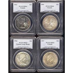 Lot of 4 silver dollars, all PCGS MS64. Includes 1963, 1964, 1966LB, 1967. Some are nicely toned.