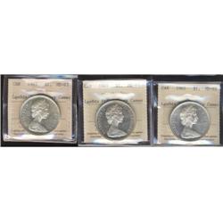 Lot of 3 ICCS graded Silver dollars; 1965 LB Ptd 5 MS63 HEAVY CAMEO.