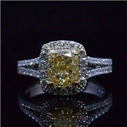 Natural 2.32 CTW Canary yellow Cushion Cut Split Shank Diamond Ring 14KT White Gold