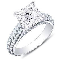 Natural 3.4 CTW Princess Cut w/ Round Cut Micro Pave Diamond Engagement Ring 18KT White Gold