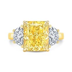 Natural 11.52 CTW Vivid Yellow Cushion Cut & Half Moons Diamond Ring 18KT Yellow Gold