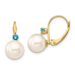 14k Yellow Gold White Pearl Blue Topaz Earrings - 8-8.5 mm