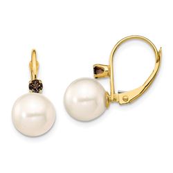 14k Yellow Gold White Pearl Smokey Quartz Earrings - 8-8.5 mm