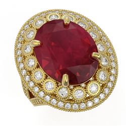 13.85 ctw Certified Ruby & Diamond Victorian Ring 14K Yellow Gold - REF-286G2W