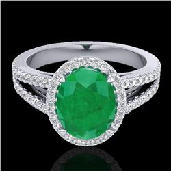 3 ctw Emerald & Micro VS/SI Diamond Halo Solitaire Ring 18k White Gold - REF-83A6N