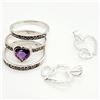 Image 1 : Silver Amethyst Marcasite 3 Stackable Rings And 2 Heart Pendants Set, Suggested Retail Value $280 (E