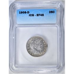 1908-D BARBER QUARTER  ICG EF-45