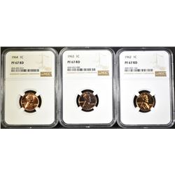 1962, 63 & 64 LINCOLN CENTS NGC PF-67 RED