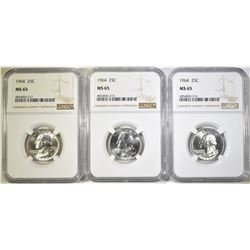 3-1964 WASHINGTON QUARTERS NGC MS-64