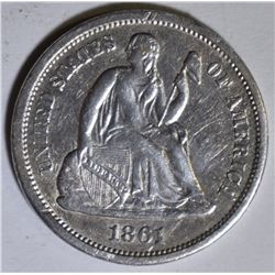 1861-S SEATED LIBERTY DIME  CH AU