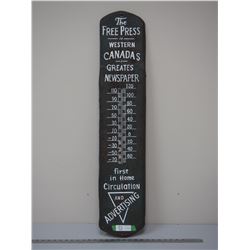 VINTAGE THE FREEPASS WESTERN CANADA GREATES NEWSPAPER THERMOMETER (8 1/4 X 39 IN LONG) (TOUCHED UP)