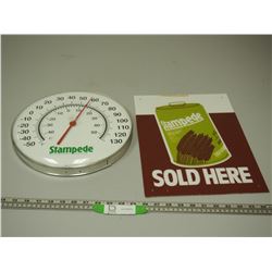 STAMPEDE THERMOMETER PLUS STAMPEDE PLEXIGLASS SIGN (11 X 15 IN LONG)