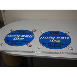 2X THE MONEY/ NEW CHRYCO POLY BET TIRE (TIN? METAL?) SIGN (LONGEST POINTS 21 1/2 IN LONG)