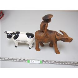 WOODEN FIGURINE & MILK MONEY COIN BANK