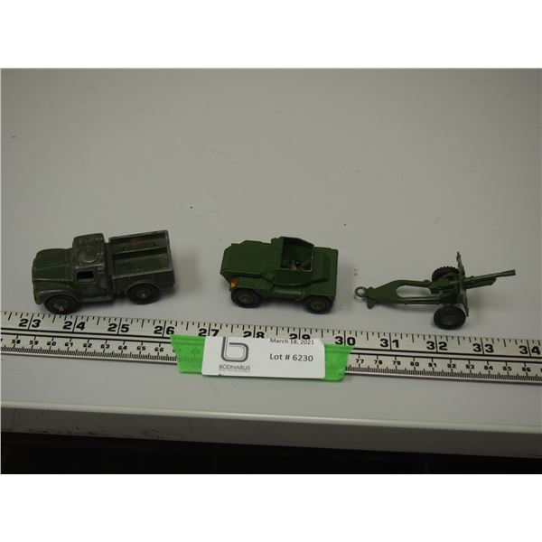 3X THE MONEY/ DINKY TOYS ARMY CANNON, DINKY TOYS SCOUT CAR, DINKY TOYS ARMY CARGO TRUCK
