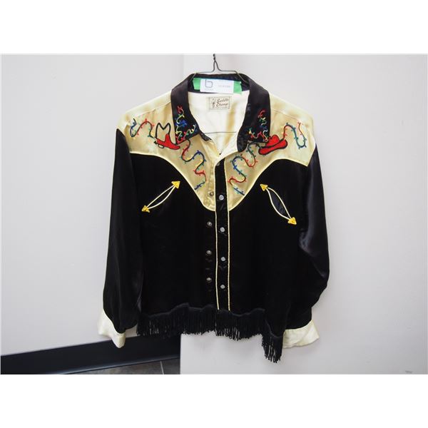 VINTAGE SADDLE CHAMP SILK WESTERN SHIRT WITH TASSLES (GOOD CONDITION)(SIZE MEDIUM TO LARGE?)