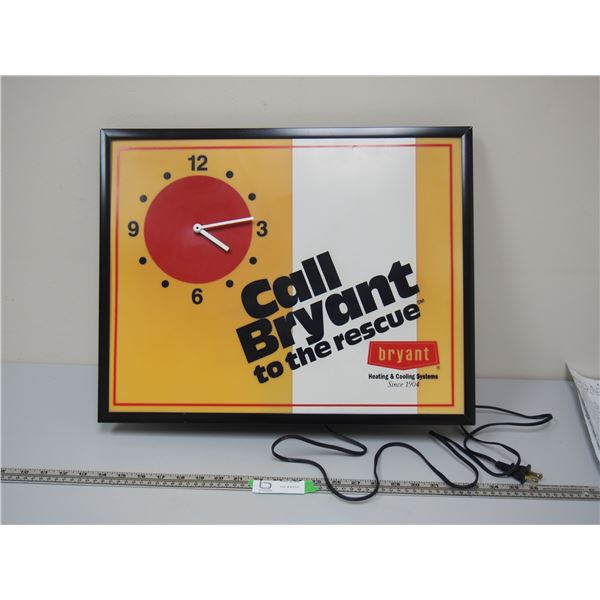 BYRANT HEATING AND COOLING SYSTEMS 20.5" LONG 16 1/4 WIDE CLOCK LIGHT UP SIGN (CLOCK NOT WORKING?)