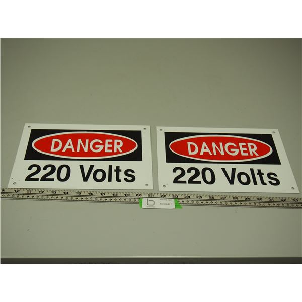 2X THE MONEY/ TIN DANGER 220 VOLTS ADVERTISING SIGNS (8X12 IN LONG) (TOUCHED UP)