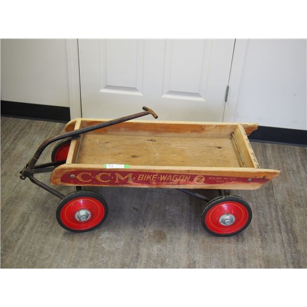 VINTAGE CCM BIKE WAGON ROLLER BEARING WOODEN WAGON (BOX 29 1/2 X 15 IN WIDE)