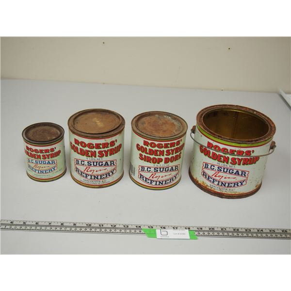 (4) VINTAGE ROGER SYRUP TINS (MISSING 1 LID)