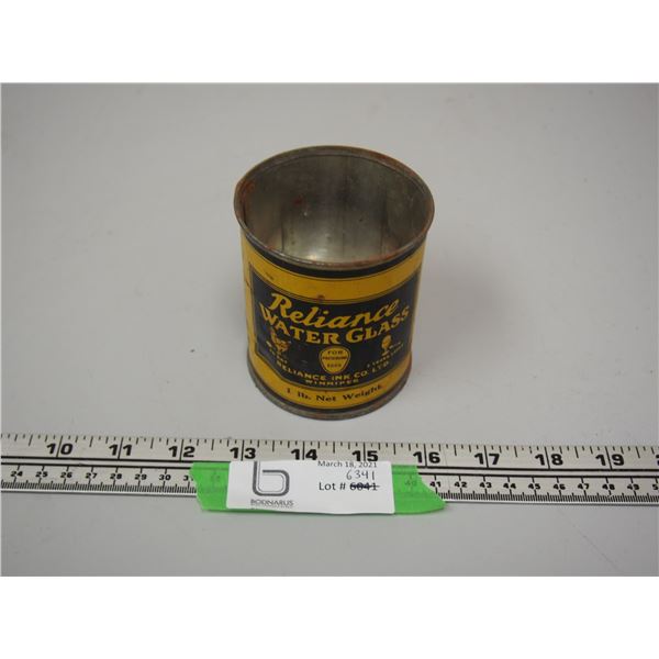 VINTAGE RELIANCE WATER GLASS TIN 1LB (3 1/2 IN TALL)